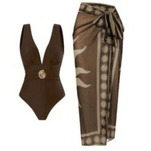 NWT Brown plunging swimsuit w/ sarong